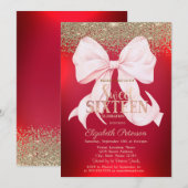 Elegant Pink Bow Gold Diamond Red Sweet 16 Kaart (Voorkant / Achterkant)