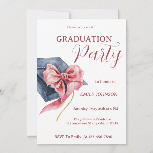 Elegant Pink Bow Graduation Party Invitation (Dos)