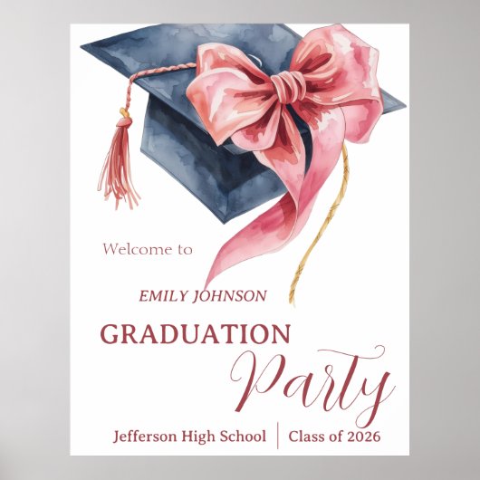 Elegant Pink Bow Graduation Party Poster (Voorkant)