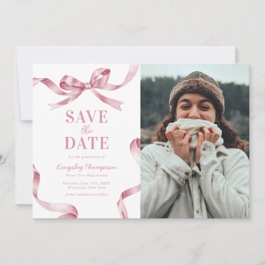 Elegant Pink Bow Graduation Save the Date (Devant)