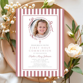 Elegant Pink Bow Photo Girl First Communion Kaart
