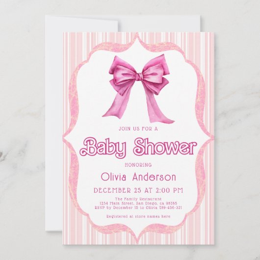 Elégant Pink Bow tendance Invitation Baby shower (Devant)