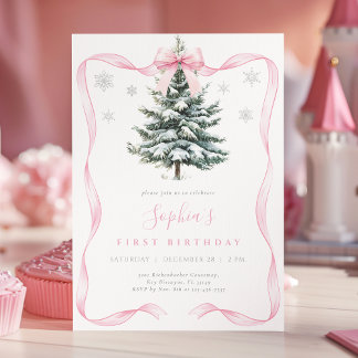 Elegant Pink Bow Winter Onderland First Birthday Kaart