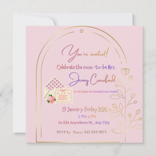 Elegant Pink Bridal Shower Invitation | Modern Gol (Devant)
