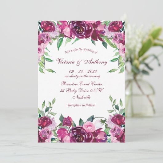 Elegant Pink Burgundy Floral Script Weduwschap Kaart (Staand voorkant)