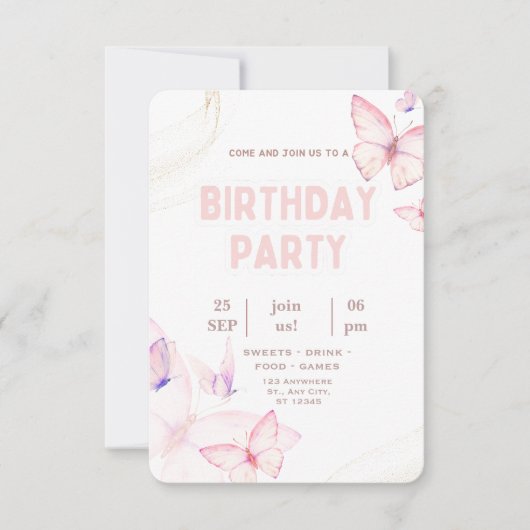 Elegant Pink Butterfly Birthday Party Invitation  (Devant)