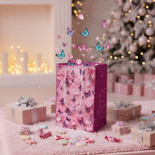 Elegant Pink Butterfly Floral Gift Bag Medium Cadeauzakje