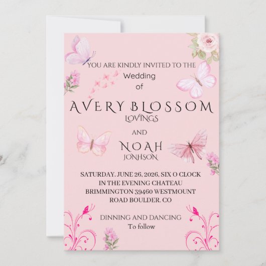 Elegant Pink Butterfly Wedding Invitation | Edit (Devant)