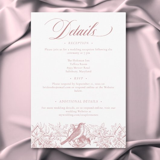 Elegant Pink Chinoiserie Nature & Birds Wedding Informatiekaartje