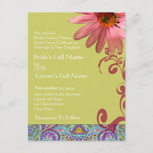 Elegant Pink ConeFlower Paisley Wedding Invitation Uitnodiging Briefkaart