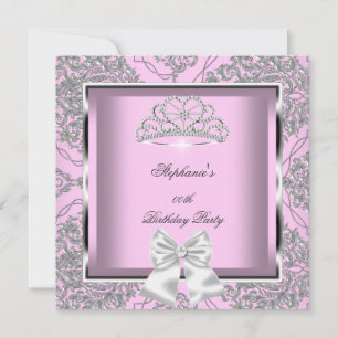 Elegant Pink Damask Silver Birthday Party Kaart