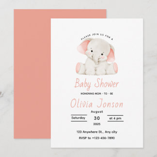 Elegant Pink Elephant Baby Shower Invitation Kaart