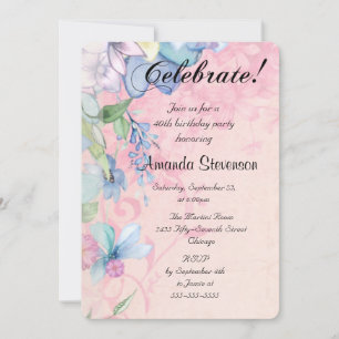 Elegant Pink en Blue Floral Wildflower Birthday Kaart