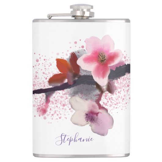 Elegant Pink en Paarse Cherry Blossom Heupfles (Voorkant)
