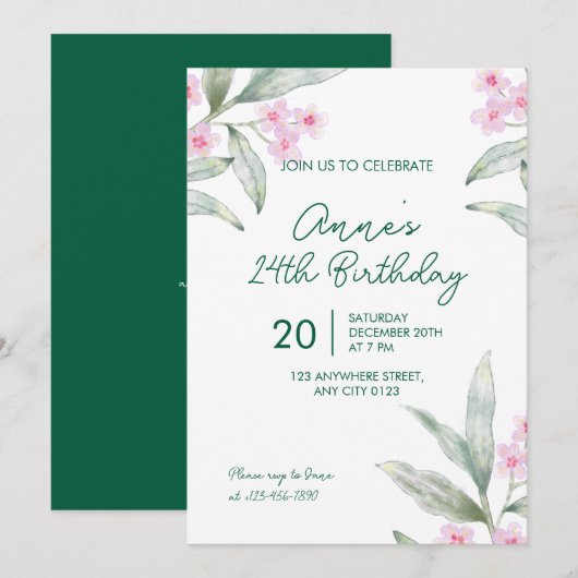 Elegant Pink Floral 24th Birthday Invitation (Devant / Derrière)