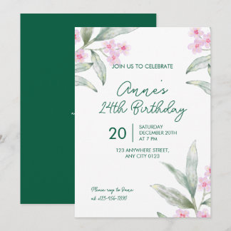 Elegant Pink Floral 24th Birthday Invitation Kaart