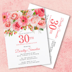 Elegant Pink Floral 30th Birthday Uitnodiging Briefkaart