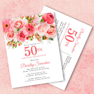 Elegant Pink Floral 50th Birthday Uitnodiging Briefkaart
