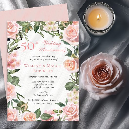 Elegant Pink Floral 50th Wedding Jubileum Party Kaart