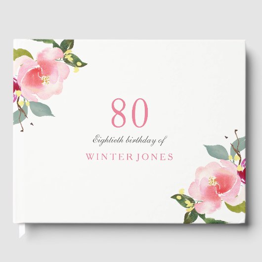 Elegant Pink Floral 80th Birthday Party Gastenboek (Voorkant)