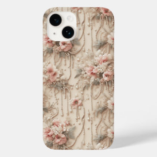 Elegant Pink Floral and Cascading White Pearls Lux Case-Mate iPhone 14 Hoesje