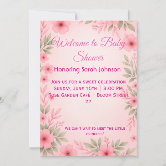 Elegant Pink Floral Baby Shower Invitation (Devant)