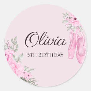 Elegant Pink Floral Ballerina Shoes Girls Birthday Ronde Sticker