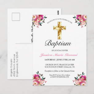 Elegant PInk Floral Baptism Invitation Briefkaart