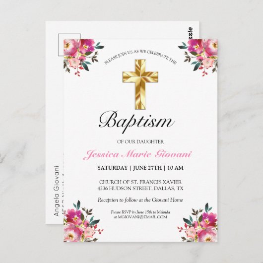 Elégant PInk Floral Baptism Invitation Carte posta (Devant / Derrière)