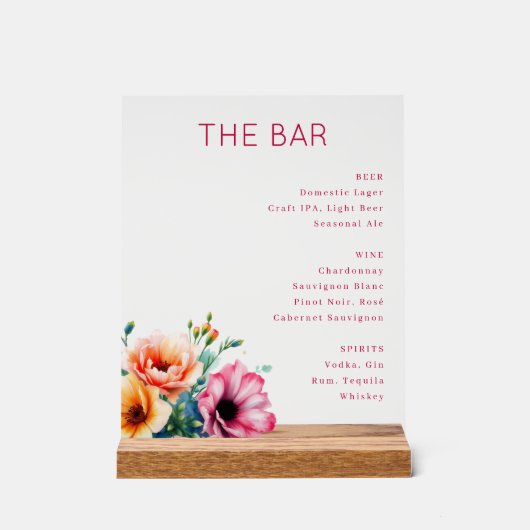 Elegant Pink Floral Bar Menu Acryl Bord (Voorkant)