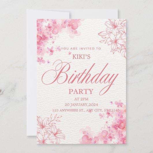 Elegant Pink Floral Birthday Invitation (Devant)