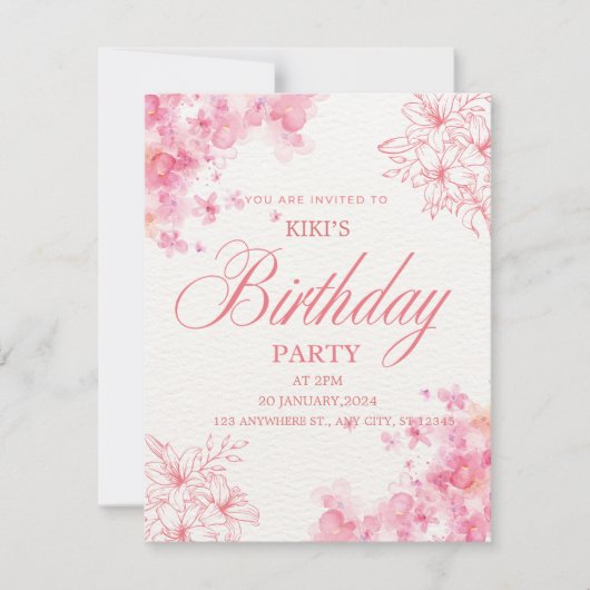 Elegant Pink Floral Birthday Invitation (Devant)