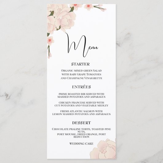 Elegant Pink Floral Blossom Wedding Flat Menu (Voorkant)