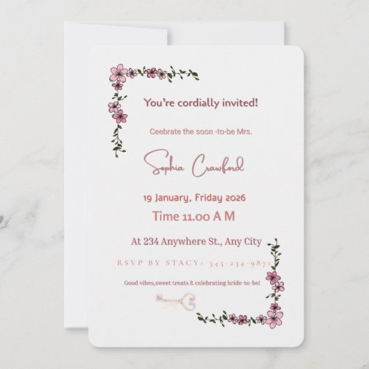 Elegant Pink Floral Bridal Shower Invitation | Min (Devant)
