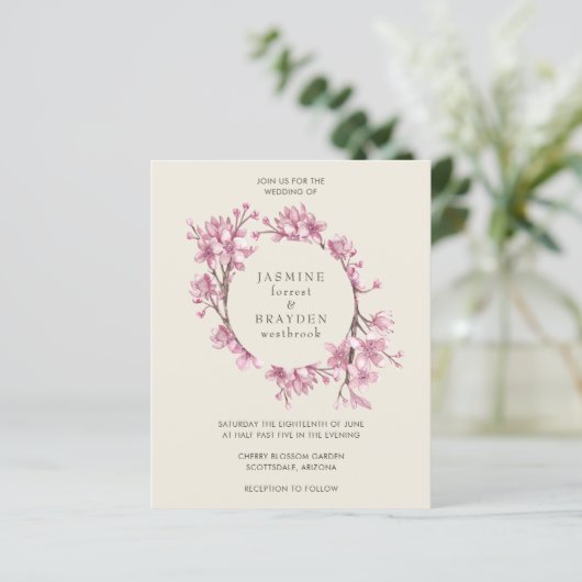 Elegant Pink Floral Budget Weddenschap Uitnodiging (Staand voorkant)