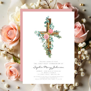 Elegant Pink Floral Cross Girl Eerste Communie Kaart