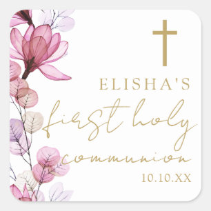 Elegant Pink Floral First Heilige Communie Vierkante Sticker