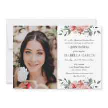 Elegant Pink Floral Foto Quinceañera Uitnodiging