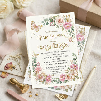 Elegant Pink Floral & Gold Butterfly  Baby Shower  Kaart