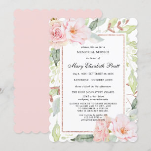 Elegant Pink Floral Gold Memorial Service Invitati Kaart