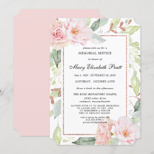 Elegant Pink Floral Gold Memorial Service Invitati Kaart