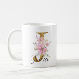 Elegant Pink Floral Gold Monogram Letter J Koffiemok