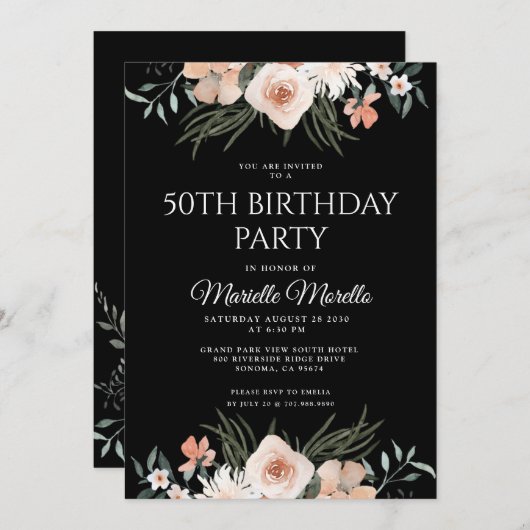 Elegant Pink Floral Greenery 50e verjaardag Partij Kaart (Voorkant / Achterkant)