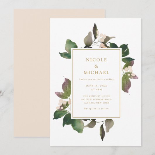 Elegant Pink Floral Greenery Wedding Invitation Kaart (Voorkant / Achterkant)