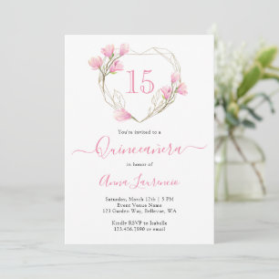 Elegant Pink Floral Heart Lijst Quinceanera Kaart