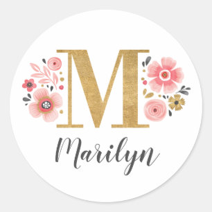 Elegant Pink Floral Monogram Initiaal Gold Letter  Ronde Sticker
