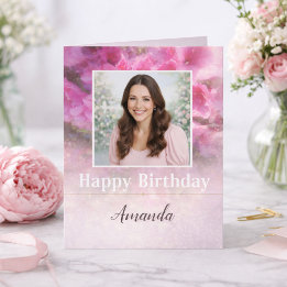 Elegant Pink Floral Photo Birthday for Her Kaart