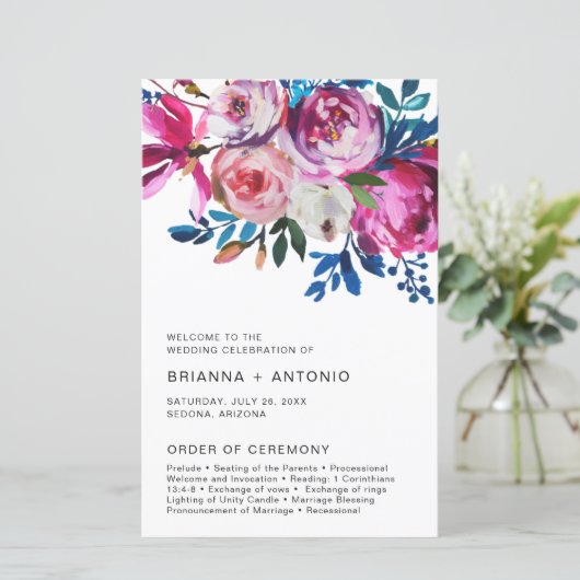 Élégant Pink Floral Programme de Mariage Moderne (Debout devant)