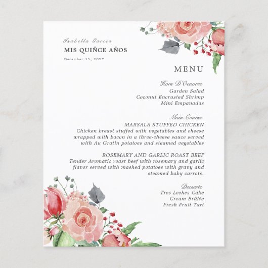 Elégant Pink Floral Quinceanera menu de boissons (Devant)