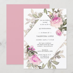 Elegant Pink Floral Quinceanera Uitnodiging